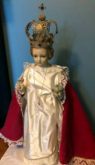 Glorious Large Antique Nuns Convent Infant Jesus Of Prague Statue W/ Crown