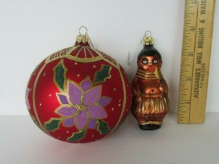 Vintage 1995 Czech Republic Glass & Red Floral Christmas Ornaments