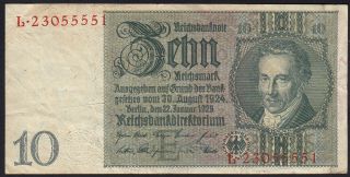 1929 10 Reichsmark Germany Vintage Nazi Money Banknote Third Reich Currency Vf