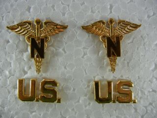 Set Of 2 Vintage Wwii Us Army Nurse Caduceus Lapel Pins And 2 Us Pins
