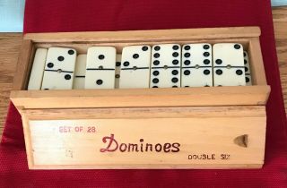 Vintage Dominoes Set Of 28 - Double Six - Wooden Dovetailed Box