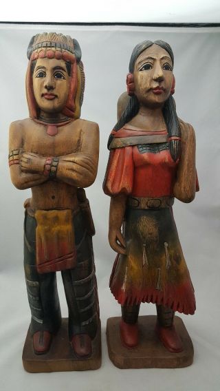 Large Antique Folk Art Painted Hand Carved Wood Native American Couple W/ Baby
