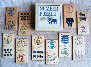 Vtg Mcm Interlocking Number Puzzle Wood Art By Ts Sato - Pre - School - Box