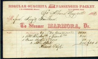 Steamboat Freight Bill “marmora” Mississippi River,  1866