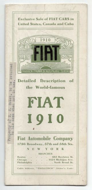 1910 Fiat Automobile Brochure