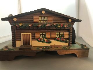 Vintage Swiss Chalet Alpine House Wooden Log Cabin Music Jewelry Box Waterwheel