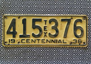 Vintage Embossed 1936 Texas Tx Centennial License Plate In Very Good Cond.