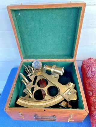 Vintage Royal Navy Henry Barrow & Co Nautical Brass Sextant Wood Box