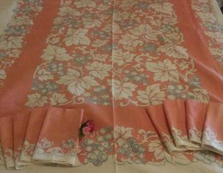 Vintage Peach & Grey Floral Rectangular Linen Tablecloth W/ Matching Napkins