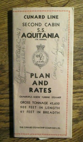 Vtg 1931 Cunard Line Ss Aquitania Deck Plans Poster Brochure Folder Rates Photos