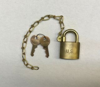 Vintage Us American Military Padlock With Keys & Chain Solid Brass
