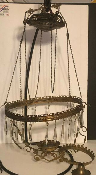 Antique Brass Hanging Oil Lamp Bradley Hubbard B&h Bracket Frame W Ceiling Moto