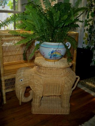 Vintage Natural Wicker Large Elephant Accent Table Plant Stand W Tray