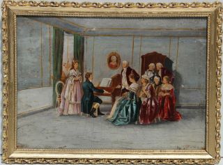 Antique 19 C.  Oil Painting On Wood,  Interior Genre Scene,  Signed,  Framed