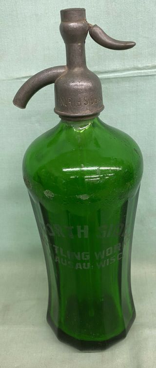 Vintage Green Glass Seltzer Bottle,  Cap North Side Bottling Wausau Wisc E