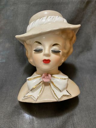 Vintage Ceramic Glamor Girl Head Vase Origional Sticker 1963 Inarco Hat And Rose