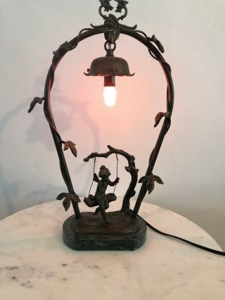 Antique French Bronze & Marble Lamp Putti Cherub Romantic Cherub Charm