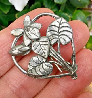 Vintage Costume Jewellery Art Nouveau Style Pewter Country Flower Brooch Pin