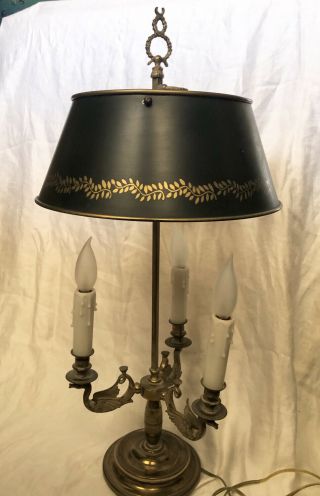 Antique Empire Style 3 Arm Brass Swans Bouillotte Lamp Adj Metal Shade