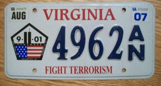 Single Virginia License Plate - 2007 - 4962an - Remember 9/11 - Fight Terrorism