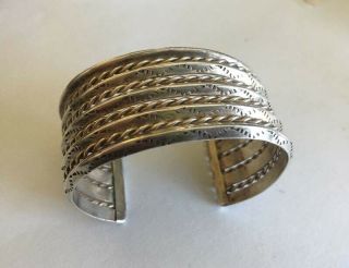 Antique Old Pawn Navajo Coin Silver Cuff Bracelet - Engraved & Twisted Wire Rope