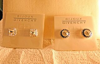 2 Vintage Signed Givenchy Silver - Tone Rhinestone Clip On Earrings