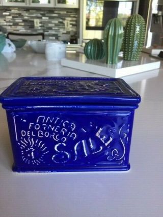 Vintage Sur La Table Blue Ceramic Salt Box Made In Italy 5.  5 " X 3.  25 " X 3.  5 "