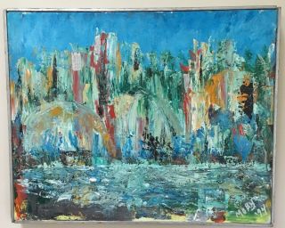 Vintage Mid Century Abstract Cityscape Oil Painting Signed Framed