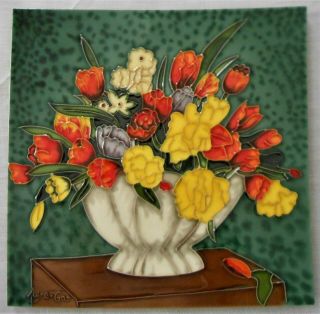 Vtg Mcm Signed Wayne Gao Ceramic Art Tile Vase W/ Tulips & Flowers Bouquet