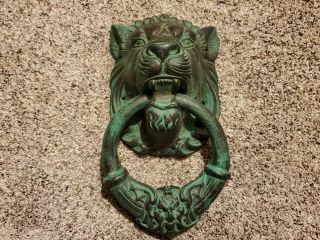 Vintage Nos Cast Iron Green - Hued Lion Head Heavy Vintage Door Knocker 11 " X 6 "