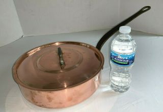 11.  5 " French Copper Large Saute Pan With Lid Cast Iron Handles Vintage Antique