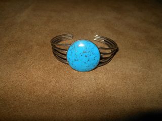 Vintage.  925 Sterling Silver Round Turquoise Cabochon Open Cuff Bracelet