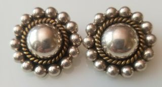 Vintage Laton Mexico Sterling Silver Brass Dome Clip On Earrings