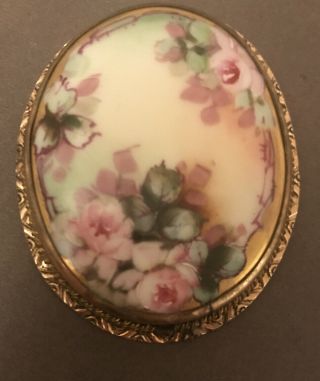 Antique Victorian Hand Painted Floral Rose Porcelain Gilt Brooch Pin Pendant