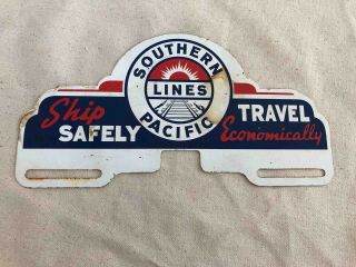 Old Southern Pacific Lines Train Railroad Painted Tin Advertising License Topper