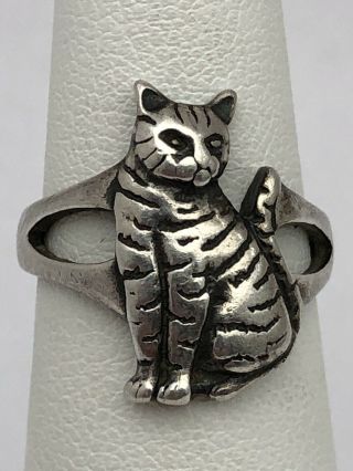 Vintage 925 Sterling Silver Cat Ring Handmade Size 4.  75 (4.  0 Grams