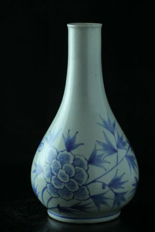 Jun209f Korean Blue White Porcelain Bottle Bunin Flower Design