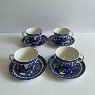 Vintage Johnson Brothers Blue Willow Set Of 4 Coffee/tea Cups & Saucers England
