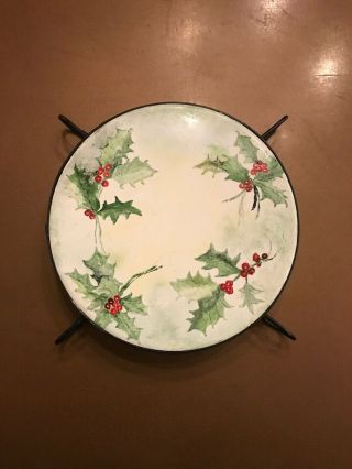 Vintage Holiday Christmas Holly With Berres Hot Plate Trivet Stoneware 6 "