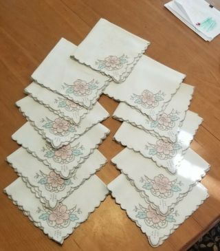 12 Vintage Table Cloth Napkins Pink Applique Flowers & Embroidery Set Cut Work