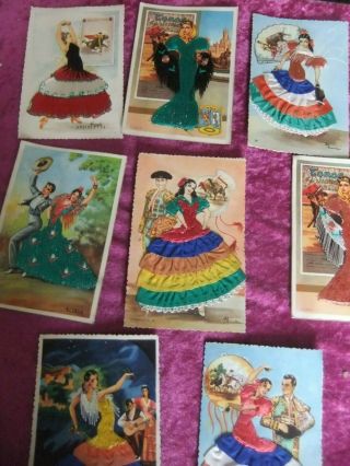 8 Vintage Postards,  Spanish Dancers,  Ladies In Embroidered Outfits.  Very Good.