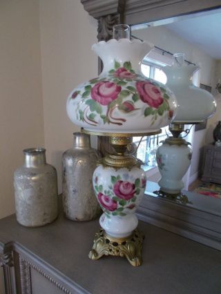 Large Antique Gwtw Hand Painted Floral Hurricane Parlor Lamp 29 " Tall