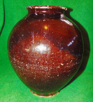 Large Antique 19th C Primitive Pa Pennsylvania Redware Pottery Ovoid Crock Jar