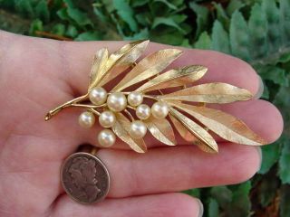 Vintage Crown Trifari - Gold Tone - Faux Pearl - Leaf Pin - Brooch