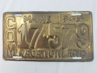 Antique 1948 Maine Commercial Brass License Plate Tag Vacation Land Euc