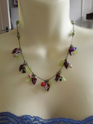 Vintage Art Deco Style Strawberry Trio Flower Czech Glass Bead Necklacee