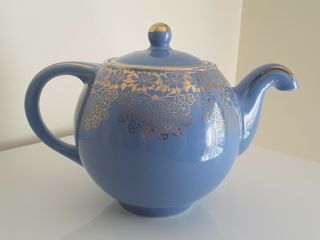 Vintage Hall China Blue And Gold Floral Flowers Teapot 6 Cup 05.  5gl Made In Usa