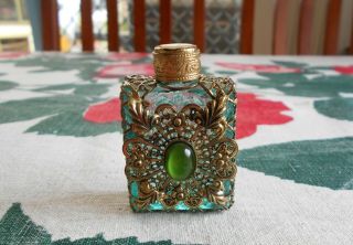 Vintage Czech Glass Perfume Bottle Mini Green Glass Metal Filligree With Dauber