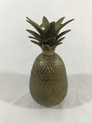 Vintage Solid Brass Pineapple Container Trinket Box Canister Made In India 7 "