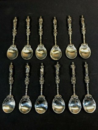 Set Of 12 Vintage Ornate Sterling Silver Apostle Spoons - 10.  6 Total Ounces